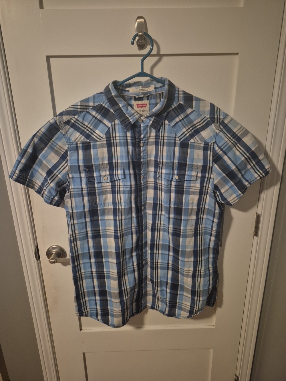 Levi's Short-Sleeve Shirt Mens Western Blue White Plaid Pearl Snap XXL